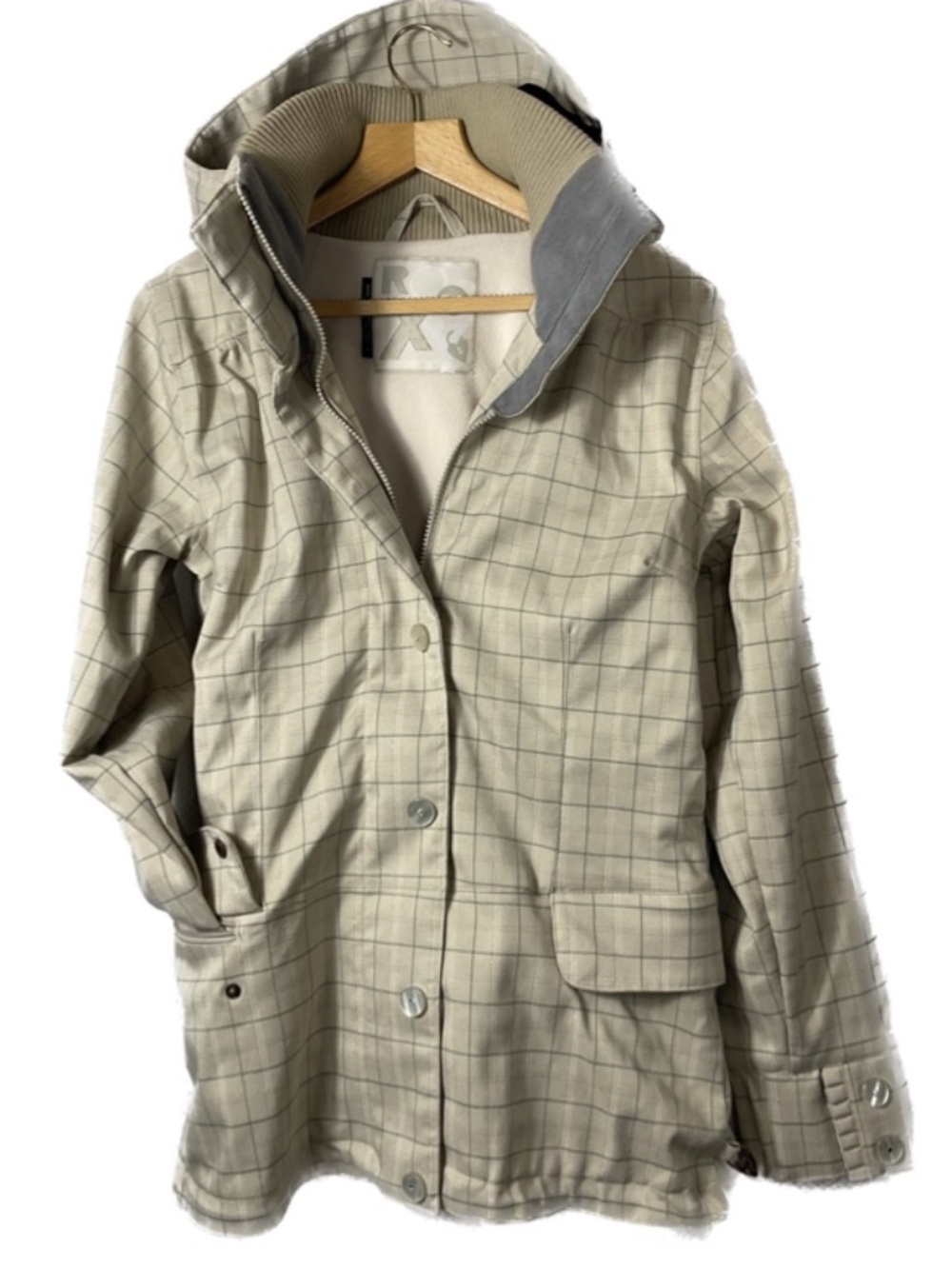 Roxy Womens Ski Snowboard Jacket Cream Plaid Hooded with Pockets Size Small